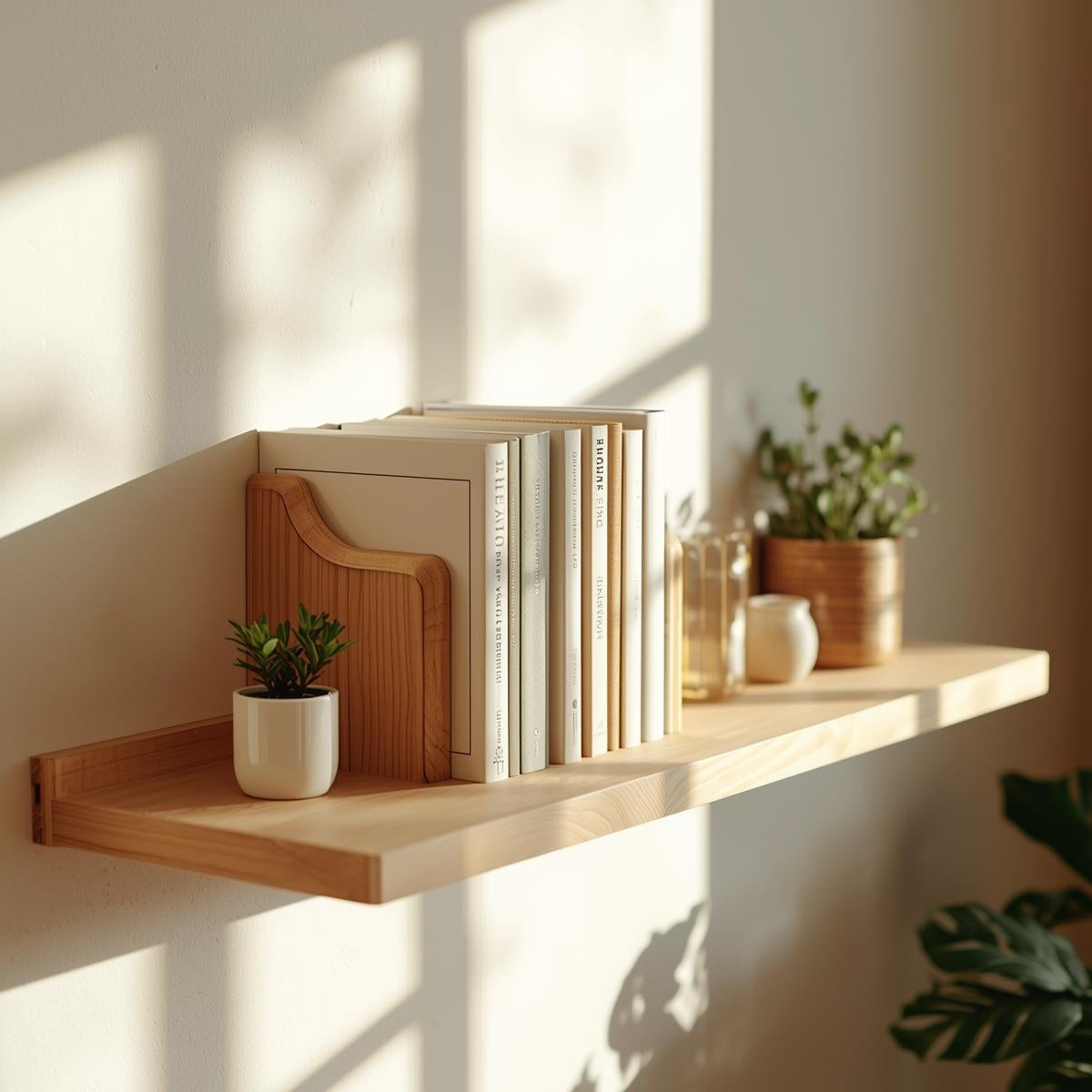 Wooden bookends holding neutral hardcover books on a sunlit floating shelf with small plants.