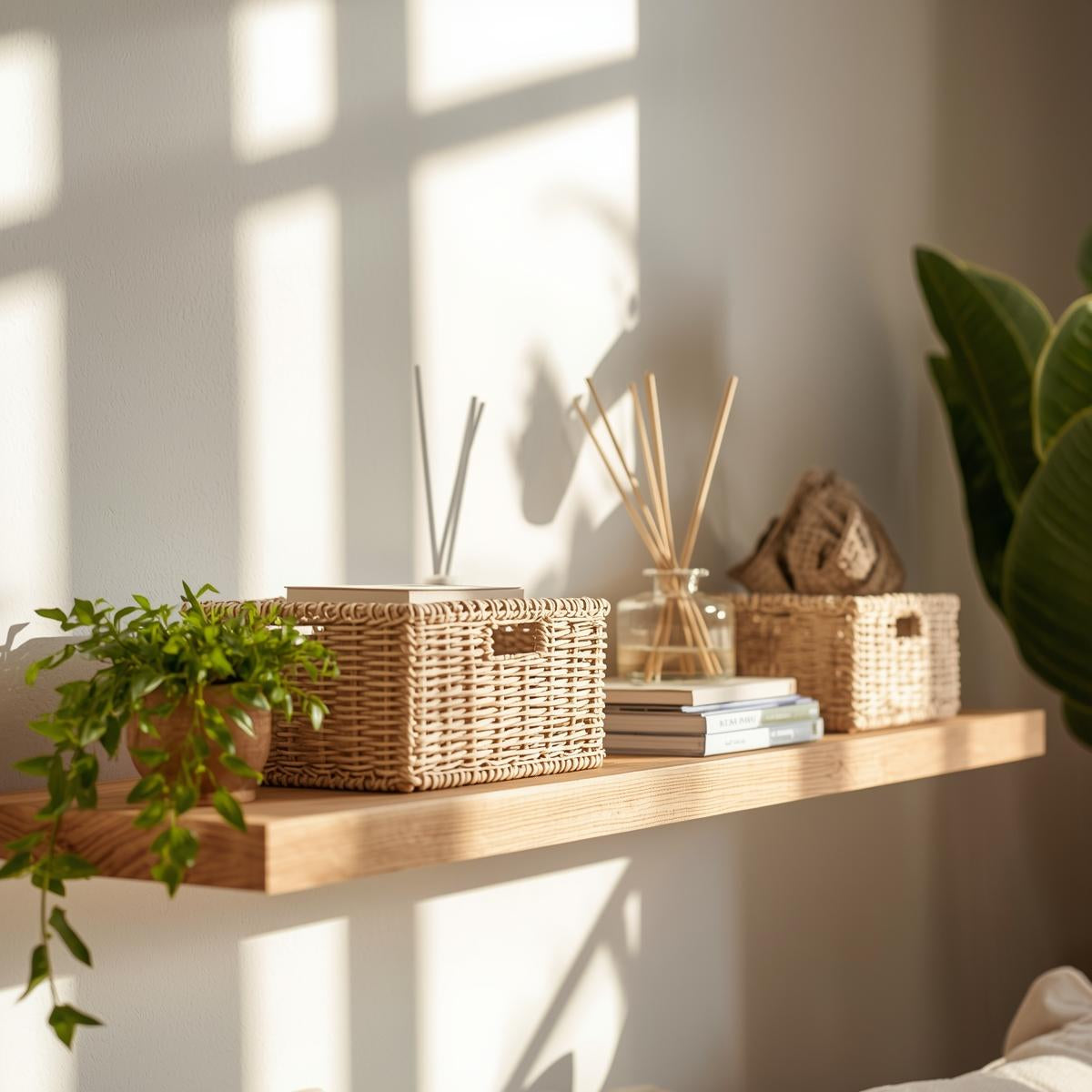 Decorative woven storage baskets styled on floating wooden shelves with books, a diffuser, and small green plants in a sunlit living space.