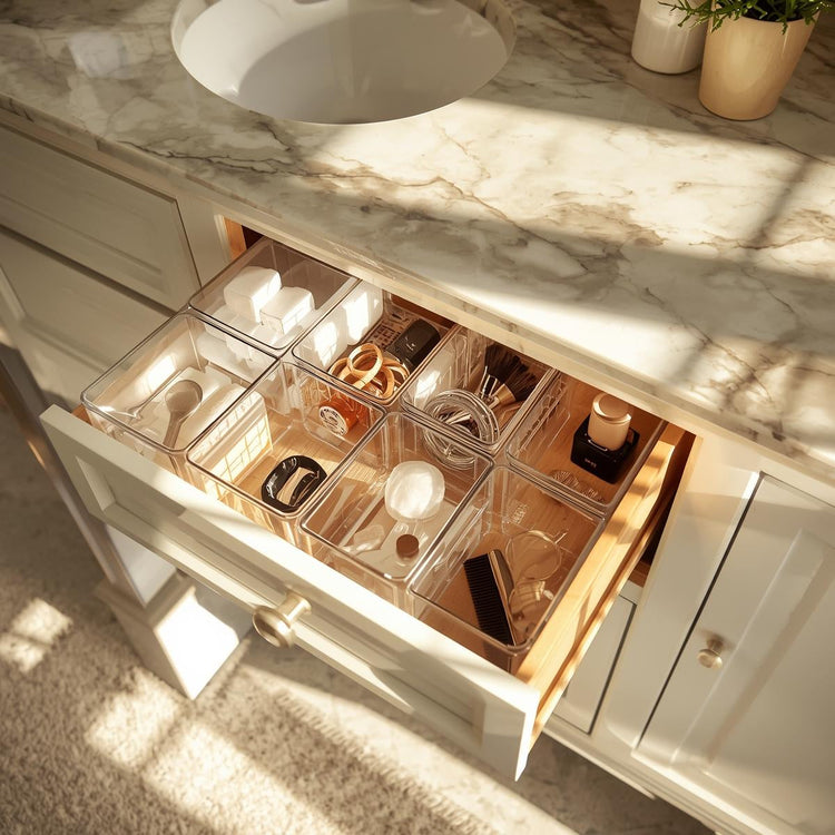 Acrylic drawer bins organizing hair accessories, cotton pads, makeup items, and grooming tools inside a bathroom cabinet beneath a marble sink.