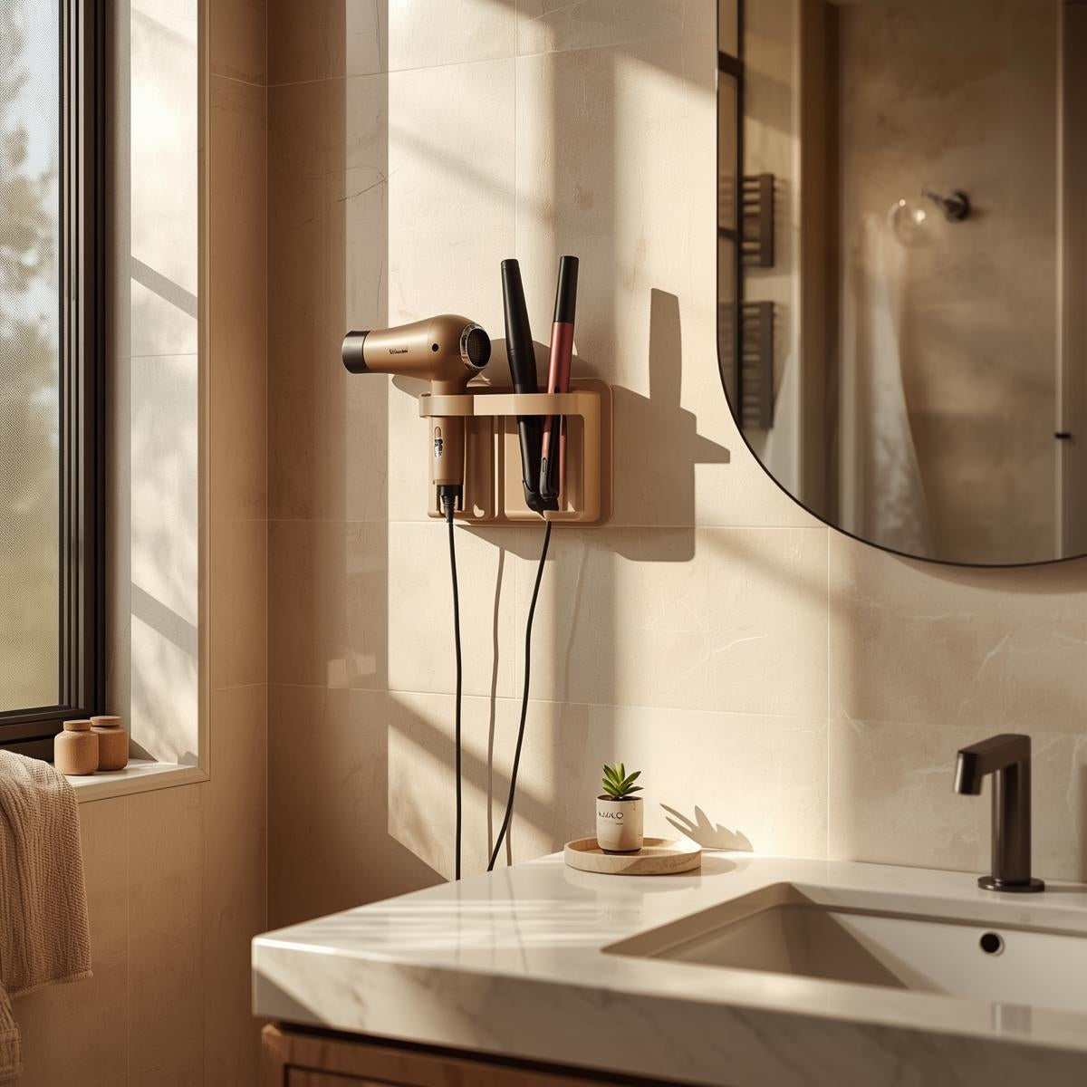 Wall-mounted hair tool organizer holding a hair dryer, curling iron, and straightener beside a bathroom vanity with warm natural light.