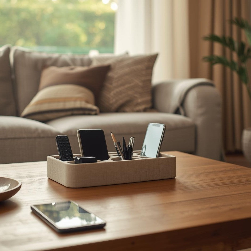 Remote control holder organizing TV remotes and a smartphone on a sunlit living room coffee table with soft curtains in the background.