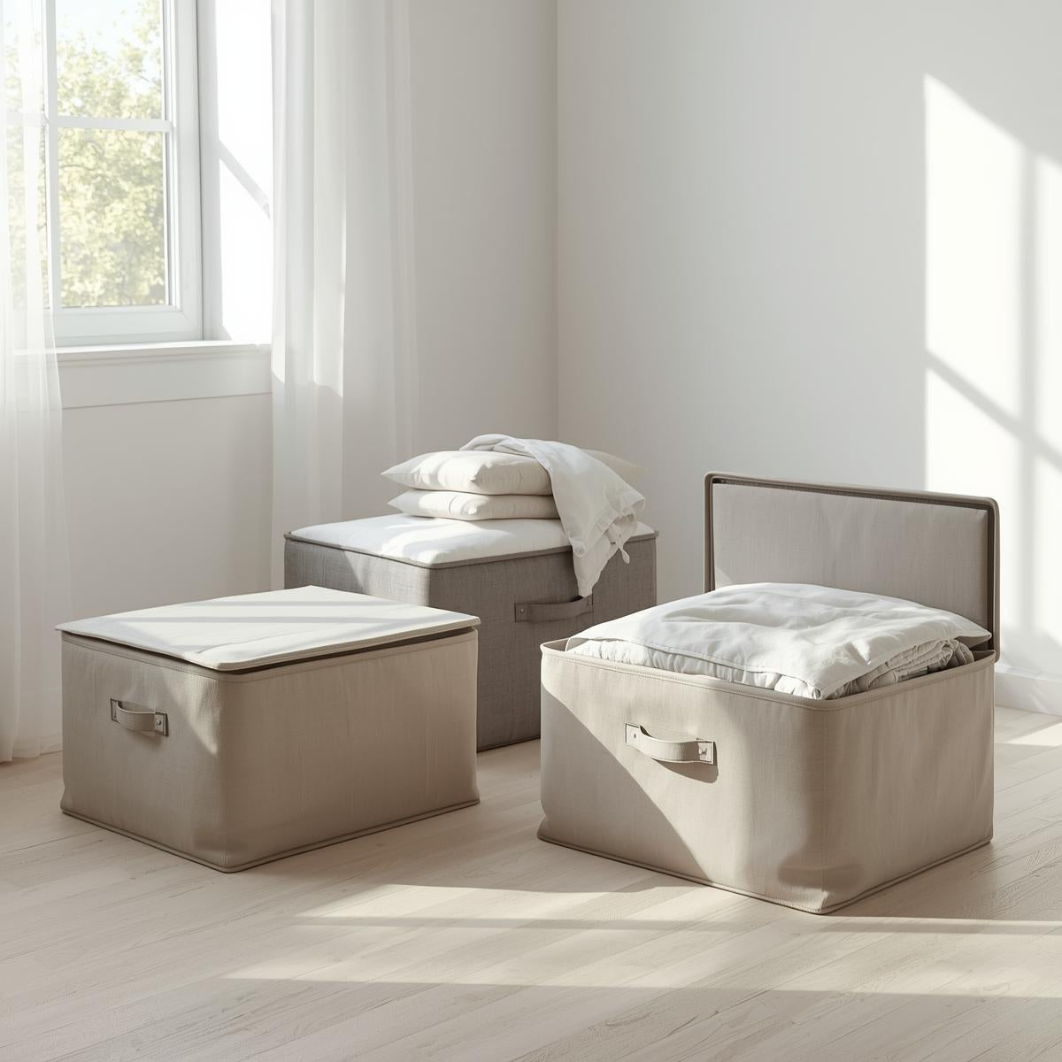 Structured fabric bedding storage bags neatly placed beside the bed, with blankets and linens stored inside. Clean, box-shaped storage creating a calm and organized bedroom atmosphere.