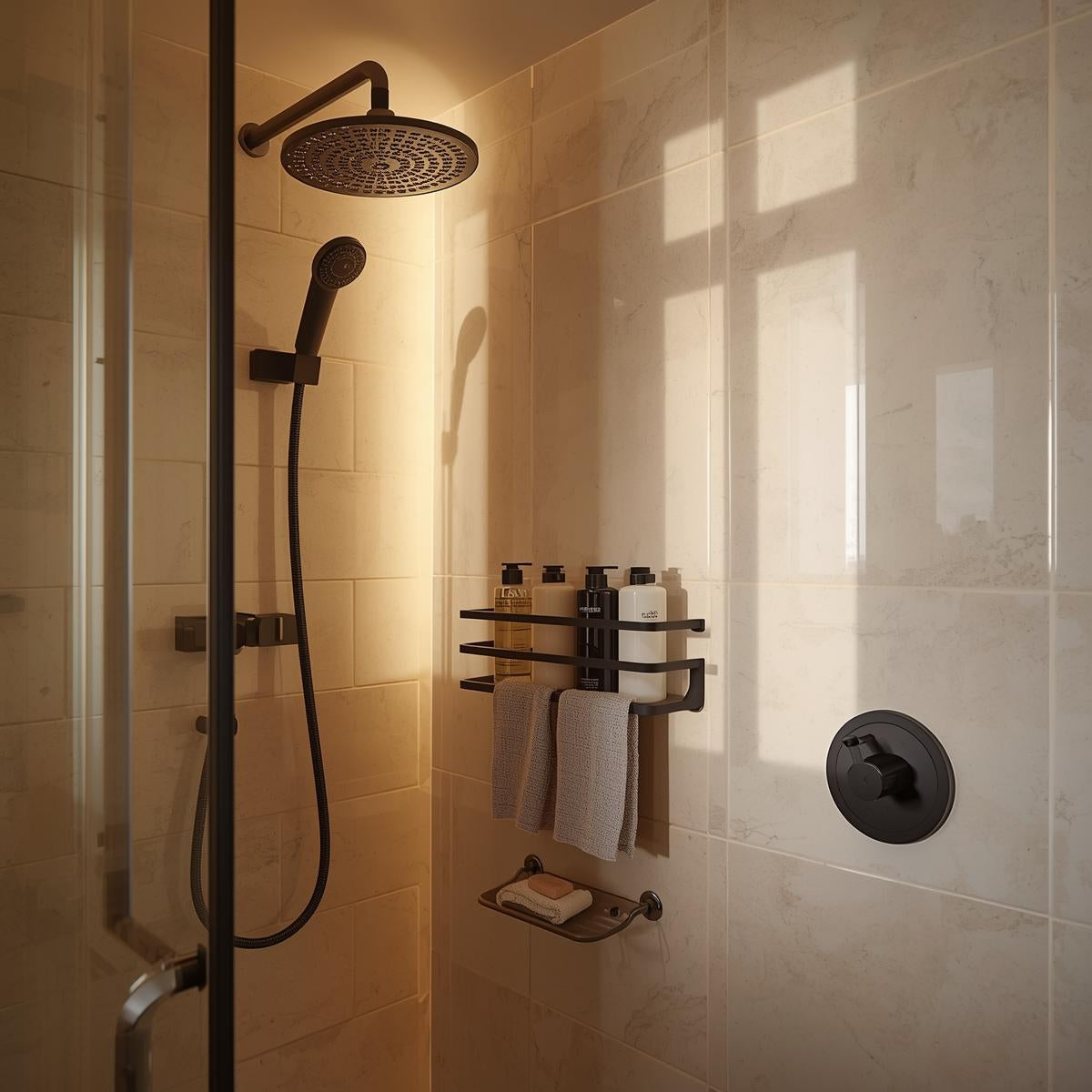 Wall-mounted shower caddy holding shampoo, conditioner, and body wash beside a marble-tiled shower wall under warm indoor lighting.