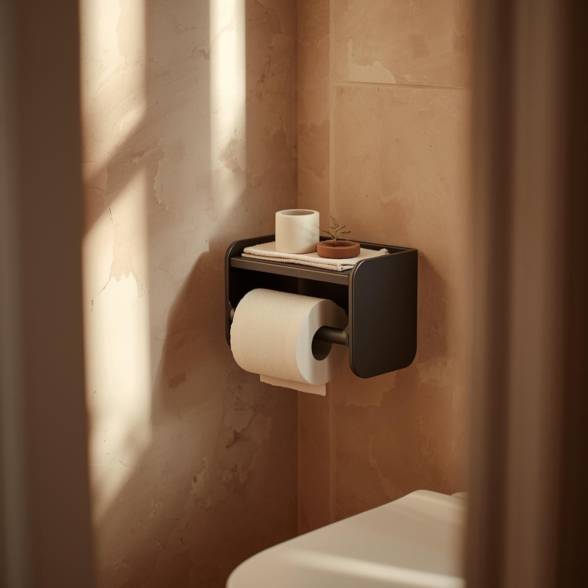 Wall-mounted toilet paper holder with a small storage shelf installed beside a toilet in a warm-toned bathroom.