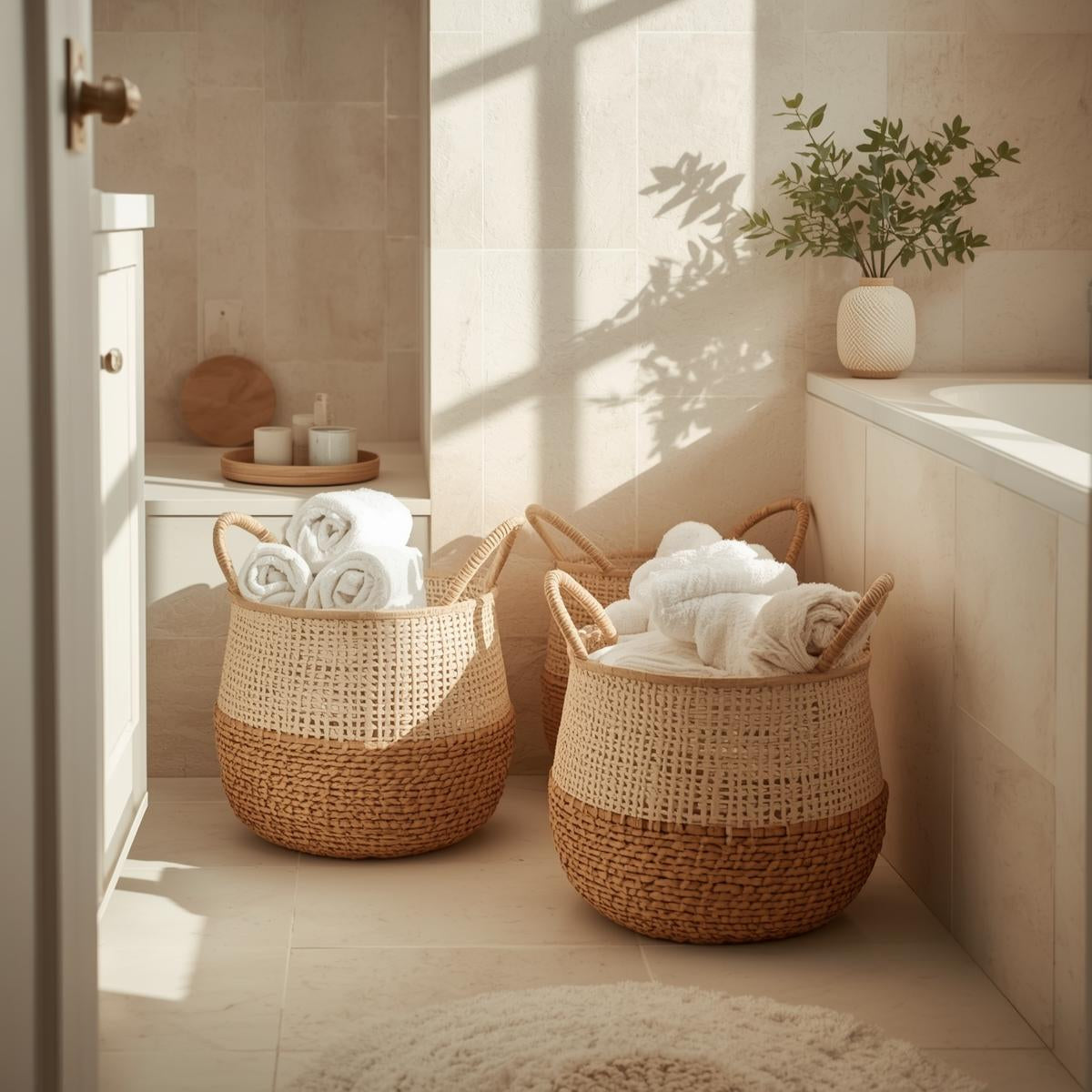 Woven rattan towel baskets filled with neatly rolled towels, styled in a bright bathroom with natural light and plants.