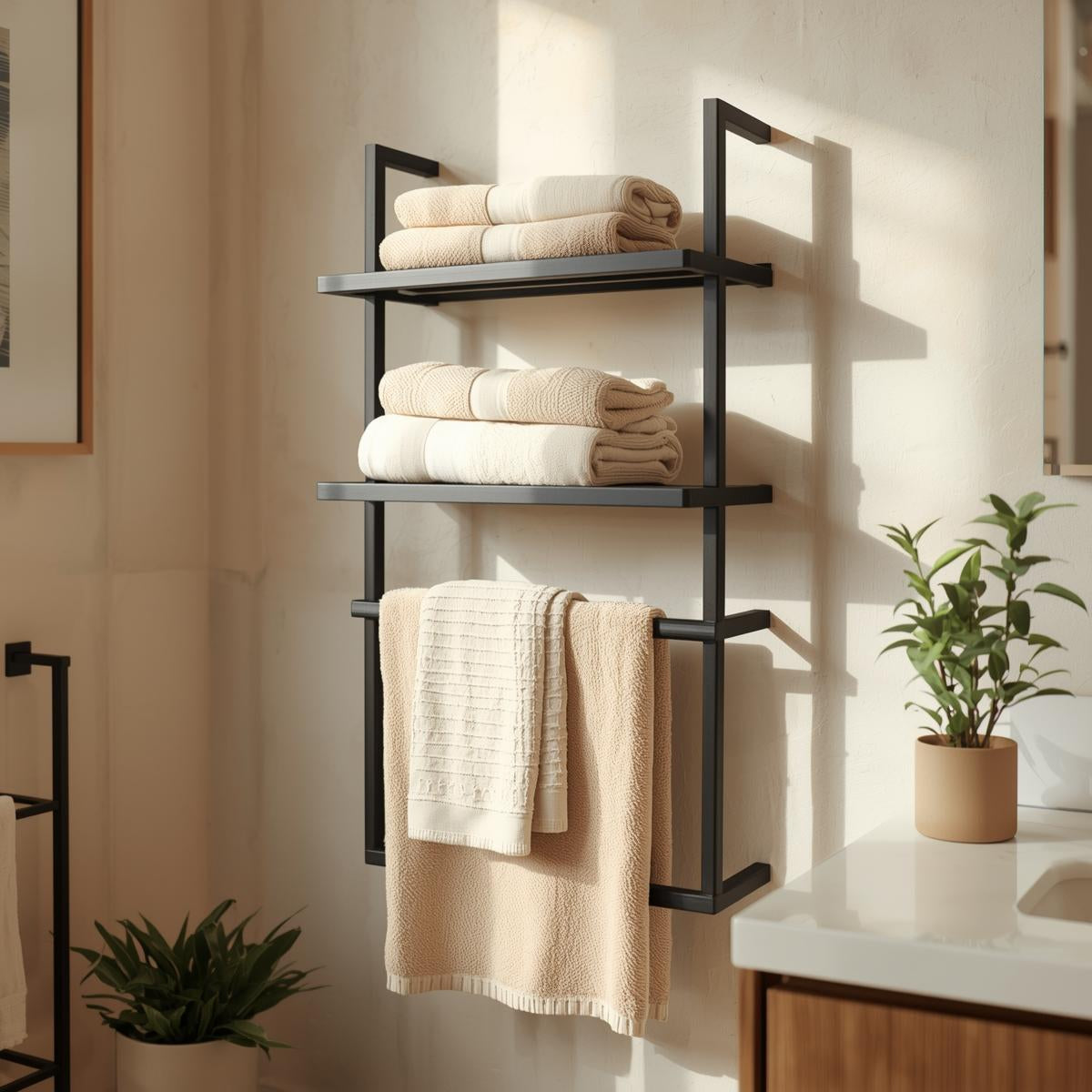 Wall-mounted towel rack with folded towels on upper shelves and hanging towels below in a bright, sunlit bathroom.
