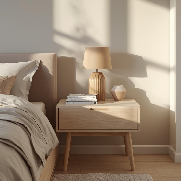 A modern wooden nightstand placed beside a bed, styled with a table lamp, stacked books, and minimal decor in a softly sunlit bedroom.