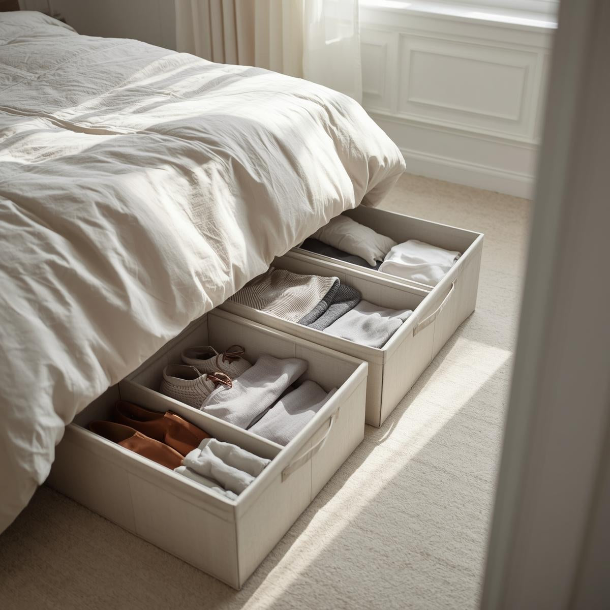 Under-bed storage bins neatly organizing shoes and folded items, with one bin pulled out and open for easy access.