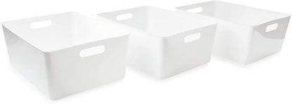 Isaac Jacobs 3-Pack XL White Storage Bin (13.9” x 10.6” x 5.75”) Set w/Cut-Out Handles, Plastic Organizer, Multi-Use, Home, Office, Pantry, Closet, Kitchen