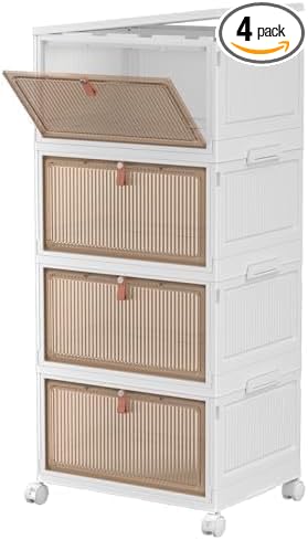 CTSNSLH 4 Tier Plastic Storage Bins and Boxes Organizer - 28Qt Stackable with Lids for Bedroom, Living Room, Office - Foldable Containers, Household Organization