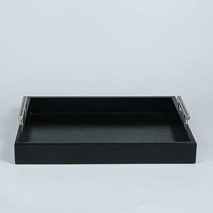 Serving Tray 16.5“X 13“Deluxe Wooden Ottoman Tray for Coffee Table with Polished Silver Metal Handles and 4 Coasters, Living Room Bathroom Coffee Bar Organizer Modern Decorative Black