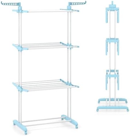 Tangkula 4-Tier Foldable Clothes Drying Rack, Oversized Drying Rack w/Lockable Wheels & Rust-Proof Metal Frame, Indoor Outdoor Large Drying Hanger w/Adjustable Gullwings, Movable Laundry Hanger
