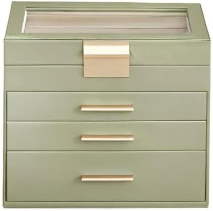 SONGMICS Jewelry Box Organizer with Glass Lid, 4-Layer Jewelry Storage, with 3 Drawers, Modern Style, 6 x 9.9 x 8.5 Inches, Laurel Green and Gold Color UJBC161C02