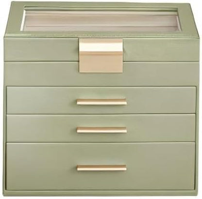 SONGMICS Jewelry Box Organizer with Glass Lid, 4-Layer Jewelry Storage, with 3 Drawers, Modern Style, 6 x 9.9 x 8.5 Inches, Laurel Green and Gold Color UJBC161C02