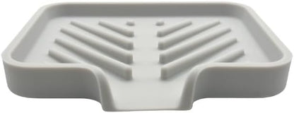 Happitasa Silicone Soap Dish Tray and Sponge Holder with Drain Chute and Feet | 3-Way Sloped Design | Bathroom and Kitchen Sink Organizer Caddy (Light Grey, 5"x4")