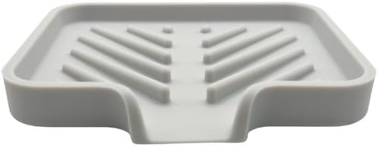 Happitasa Silicone Soap Dish Tray and Sponge Holder with Drain Chute and Feet | 3-Way Sloped Design | Bathroom and Kitchen Sink Organizer Caddy (Light Grey, 5"x4")