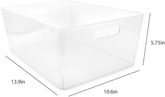Isaac Jacobs 3-Pack XL Clear Storage Bin (13.9” x 10.6” x 5.75”) Set w/Cut-Out Handles, Plastic Organizer, Multi-Use, Home, Office, Pantry, Closet, Kitchen