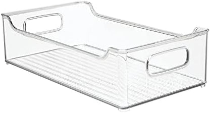 mDesign Wide Plastic Kitchen Storage Container Bins with Handles -Organization in Pantry, Cabinet, Refrigerator or Freezer Shelves - Food Organizer for Fruit, Yogurt, Squeeze Pouches - 4 Pack - Clear