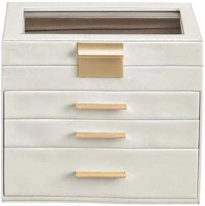 SONGMICS Jewelry Box Organizer with Glass Lid, 4-Layer Jewelry Storage, with 3 Drawers, Modern Style, 6 x 9.9 x 8.5 Inches, Cloud White and Gold Color UJBC161W01