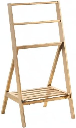 MyGift 3 Tier Free Standing Towel Rack, Foldable Blanket Ladder with Storage Shelf, 43" H Bath Towel Holder Organizer Drying Rack, Light Brown Solid Bamboo Quilt Rack
