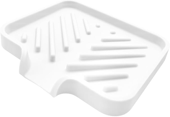 Happitasa Silicone Soap Dish Tray and Sponge Holder with Drain Chute and Feet | 3-Way Sloped Design | Bathroom and Kitchen Sink Organizer Caddy (White, 5"x4")