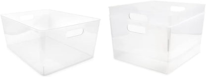 Isaac Jacobs 3-Pack XL Clear Storage Bins (12” L x 11.1” W x 7” H) with Cutout Handles, Plastic Organizer for Home, Office, Kitchen, Fridge/Freezer, Drawers, BPA Free, Food Safe (3-Pack, Extra-Large)