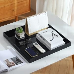 Clear Oversize Acrylic Serving Tray with Handles 24x24 Inch -Spill Proof- Decorative Trays Countertop Organizer for Ottoman,Nightstand, Sidetable, Butler (Glossy Black)