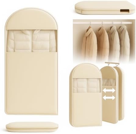 Space Saving Hanging Garment Bag with Self Compression Zipper, Suit Cover Bags, Heavy Duty Jackets & Parkas Storage, Dust Cover, Closet Organizer for Storage (Beige,L)