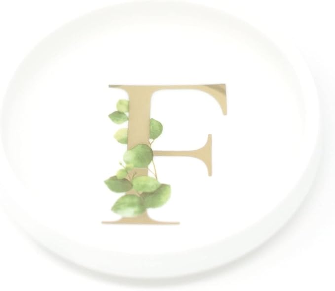 Trinket Tray Jewelry Dish with Monogrammed F in Gold Ring Holder - White Trinket Dish - Personalized Ring Dish or Jewelry Tray - Cedar & Ink (F)