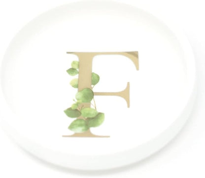 Trinket Tray Jewelry Dish with Monogrammed F in Gold Ring Holder - White Trinket Dish - Personalized Ring Dish or Jewelry Tray - Cedar & Ink (F)
