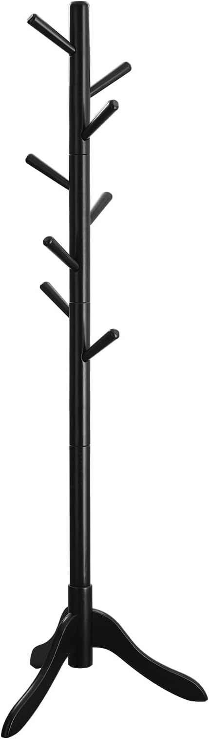 VASAGLE Solid Wood Coat Rack, Free Standing Tree-Shaped Coat Rack with 8 Hooks, 3 Height Options, for Clothes, Hats, Bags, Living Room, Bedroom, Home Office, Ink Black URCR001B01