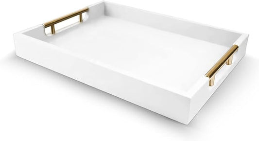 Wooden Decorative Coffee Table Tray, 16" Matte Finish Serving Tray with Handles for Ottoman, Living Room, Perfume, Vanity Dresser Organizer (Ivory White)