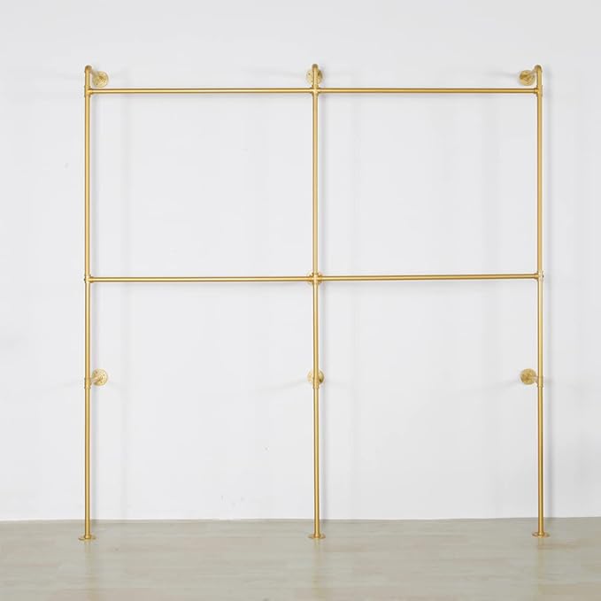 Industrial Pipe Clothes Rack Metal Clothing Store Display Stands Wall Mounted Garment Rack, Heavy Duty Hanging Rod for Closet Storage, 89.8in Gold