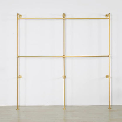Industrial Pipe Clothes Rack Metal Clothing Store Display Stands Wall Mounted Garment Rack, Heavy Duty Hanging Rod for Closet Storage, 89.8in Gold