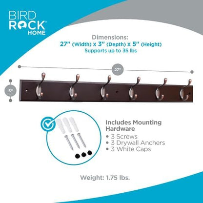 BIRDROCK HOME Oval Hook Coat and Hat Rack | 6 Hooks| Wall Mount | Brown Finish | Bronze Hooks