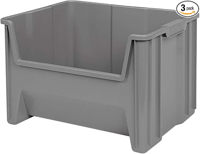 Akro-Mils 13017 Stak-N-Store Heavy Duty Stackable Open Front Plastic Storage Container Bin, (15" x 20" x 12-1/2"), Gray, (3-Pack)