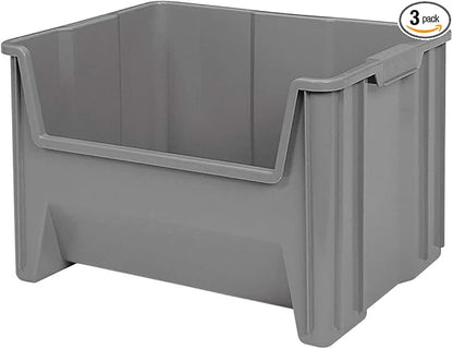 Akro-Mils 13017 Stak-N-Store Heavy Duty Stackable Open Front Plastic Storage Container Bin, (15" x 20" x 12-1/2"), Gray, (3-Pack)