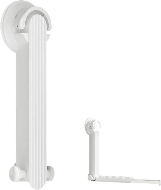 Foldable Clothes Drying Rack with Suction Cup, Wall-Mounted Clothes Drying Rod with Retractable Rod for Laundry Bathroom RV Balcony, Travel Portable Drying Rack for Clothe, White