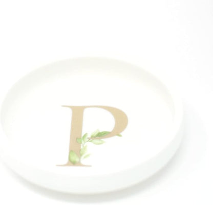 Cedar and Ink Ring Dish with Personalized P in Gold Foil & Greenery, Monogrammed Jewelry Dish, Accessories & Wedding Ring Holder, Dressing Table Tray