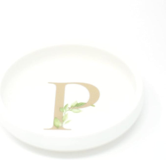 Cedar and Ink Ring Dish with Personalized P in Gold Foil & Greenery, Monogrammed Jewelry Dish, Accessories & Wedding Ring Holder, Dressing Table Tray