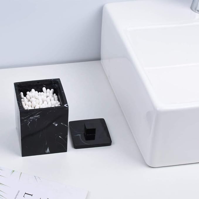 Jung Ford Qtip Holder for Bathroom with Lid – Square Cotton Swab Organizer, Cotton Ball Dispenser, Makeup Pad Container – Marble Look Resin Vanity Storage (Black)