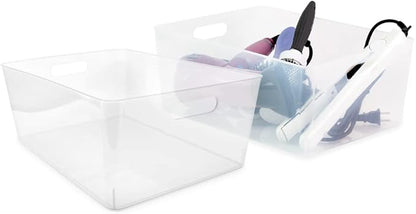 Isaac Jacobs 3-Pack XL Clear Storage Bins (12” L x 11.1” W x 7” H) with Cutout Handles, Plastic Organizer for Home, Office, Kitchen, Fridge/Freezer, Drawers, BPA Free, Food Safe (3-Pack, Extra-Large)