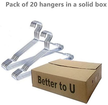 Better to U 17 Inch Metal Clothes Hanger 20 Pack, 4.0mm Heavy Duty Shirt Blouse Hanger for Coat Suit Bridal Boutique, Space Saving Slim Wire Hanger for Camisole Trousers Wedding Dress（Sliver）