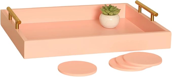 Serving Tray 16.5“X 13“Deluxe Wooden Ottoman Tray for Coffee Table with Polished Gold Metal Handles and 4 Coasters, Living Room Bathroom Coffee Bar Organizer Modern Decorative Pink Tray