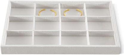 Velvet Stackable Jewelry Display Tray, 12 Grid Watch Bangle Bracelet Storage Tray, Makeup Drawer Insert Jewelry Shop Organizer Plate (White)