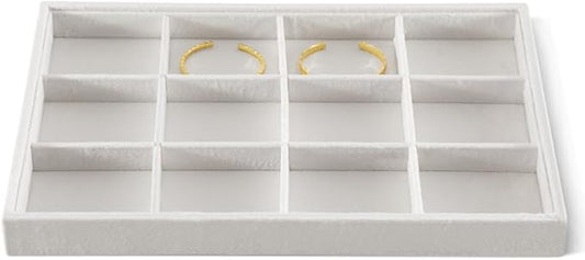 Velvet Stackable Jewelry Display Tray, 12 Grid Watch Bangle Bracelet Storage Tray, Makeup Drawer Insert Jewelry Shop Organizer Plate (White)