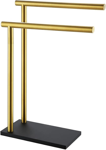 JQK Hand Towel Holder Stand Brushed Gold, Modern Tree Rack Free Standing for Countertop with 12 Inch 2 Bars, 304 Stainless Steel Golden, HTT172-BG