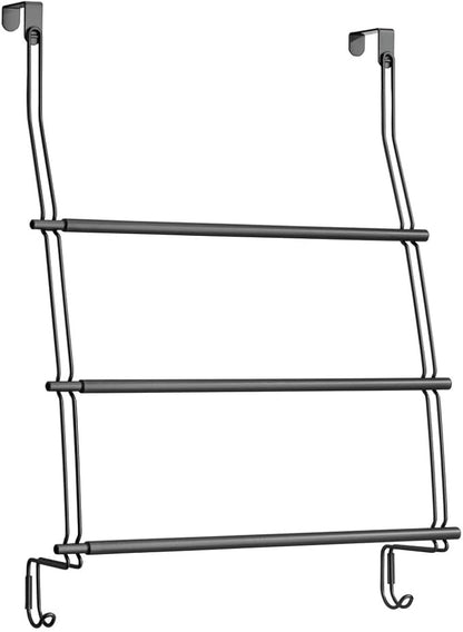 mDesign Expandable Metal Over Shower Door Towel Rack for Bathroom - 3-Tier Organizer with 2 Large Hooks - Holder for Hand/Bath Towels, Washcloths, Loofahs, Sponges - Trinity Collection - Matte Black
