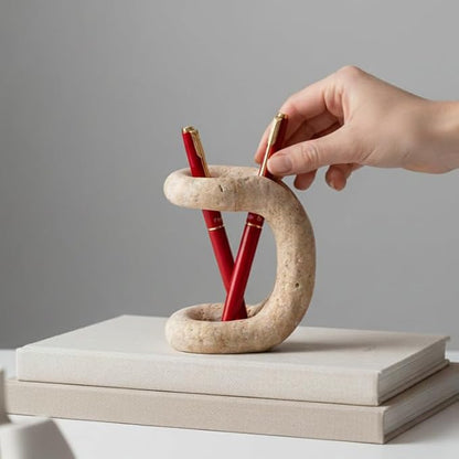 Marble Pen Holder for Desk 4 Inch Travertine Pencil Holder for Desk Accessories & Workspace Organizers - Stone Stationary Holders for Office Decor - Pen Organizer for Gifts