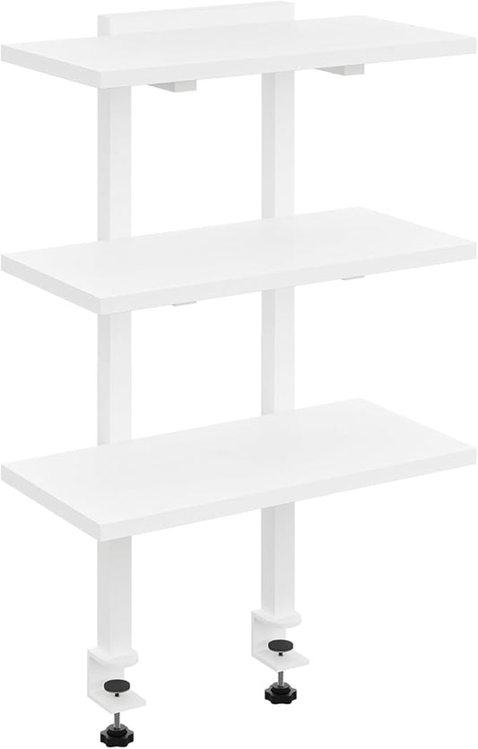 Clamp On Desk Organizer, 3-Tier Desktop Bookshelf, Adjustable Desk Storage Shelf, Metal Frame, for Office, Study and Game Room, White DSWT3601